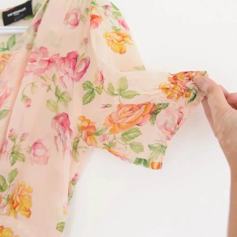 Kooples  Antique Pink Floral 100% Silk Puff Sleeve Button Down Slip Midi Dress - Picture 9 of 14